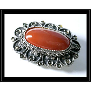 VTG 925 Greek Designer Skiathitis Rhodos Carnelian & Marcasite Floral Brooch Pin
